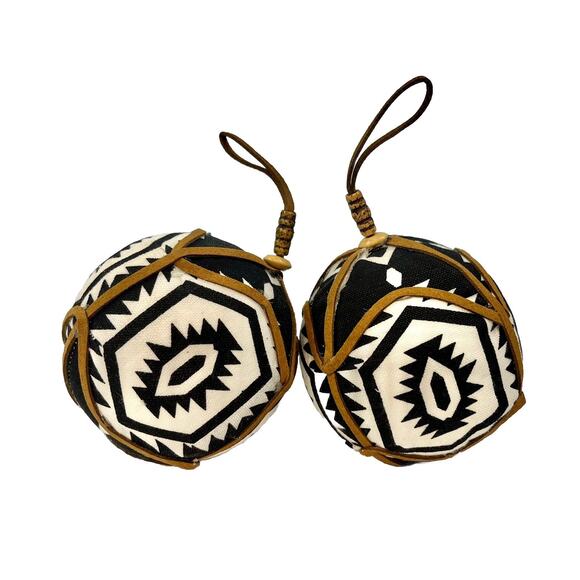 Christmas Ornaments Black and White Boho Fabric Suede Large Round Set Of 2 - Picture 1 of 3